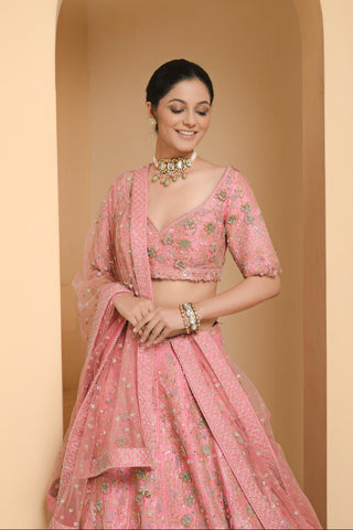 Pink bridal lehenga set with veil and dupatta