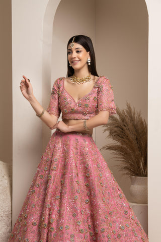 Pink bridal lehenga set with veil and dupatta