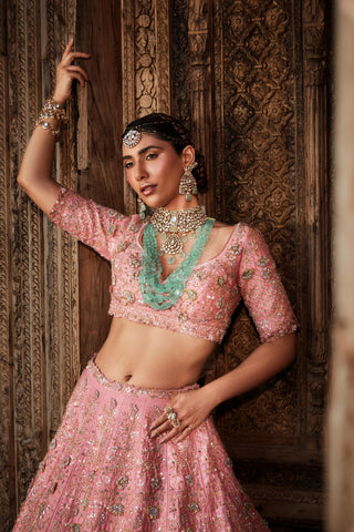 Pink bridal lehenga set with veil and dupatta