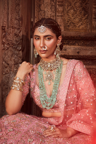 Pink bridal lehenga set with veil and dupatta