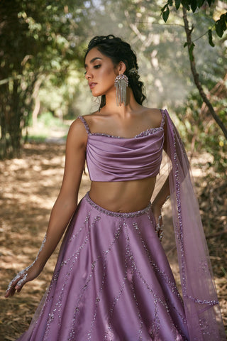 Purple draped blouse and lehanga set