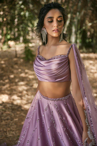 Purple draped blouse and lehanga set