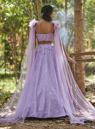 Purple crystal embellished lehanga with feathers