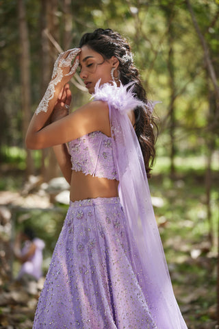 Purple crystal embellished lehanga with feathers