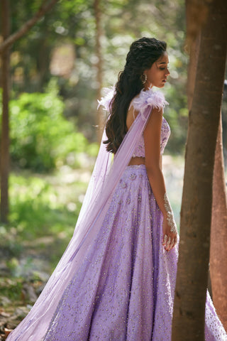 Purple crystal embellished lehanga with feathers