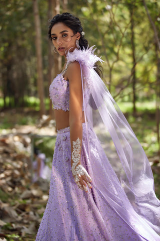 Purple crystal embellished lehanga with feathers