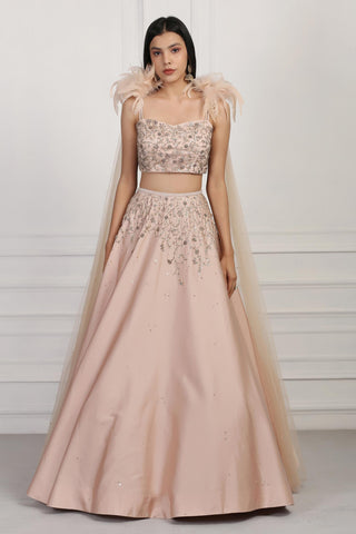 Beige crystal and sequin embellished crop top and skirt