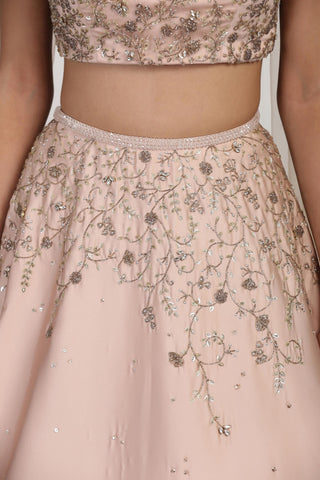 Beige crystal and sequin embellished crop top and skirt