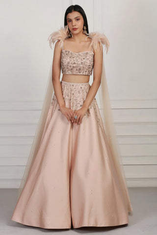 Beige crystal and sequin embellished crop top and skirt