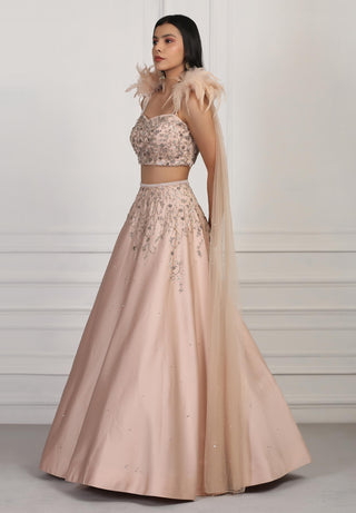 Beige crystal and sequin embellished crop top and skirt