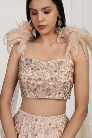 Beige crystal and sequin embellished crop top and skirt