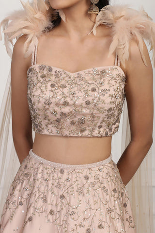 Beige crystal and sequin embellished crop top and skirt