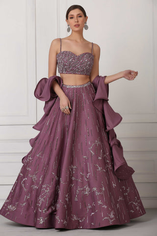 Light plum sequin and crystal embellished lehenga set