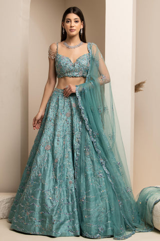 Blue-green embroidered lehenga set