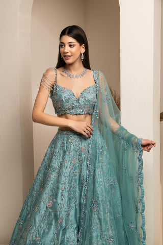Blue-green embroidered lehenga set