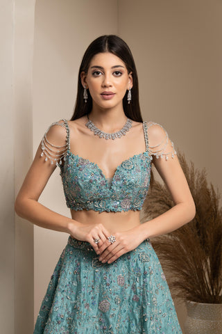 Blue-green embroidered lehenga set