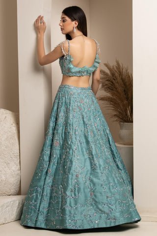 Blue-green embroidered lehenga set