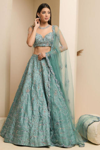 Blue-green embroidered lehenga set