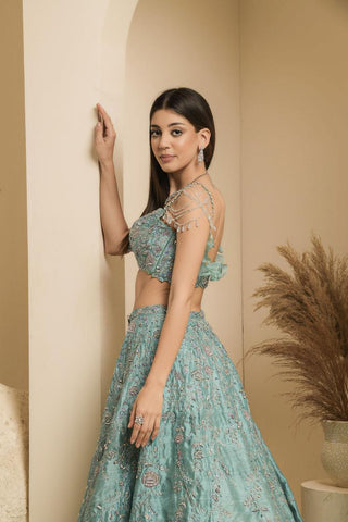 Blue-green embroidered lehenga set