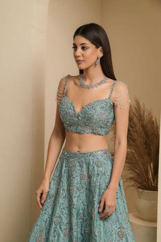 Blue-green embroidered lehenga set