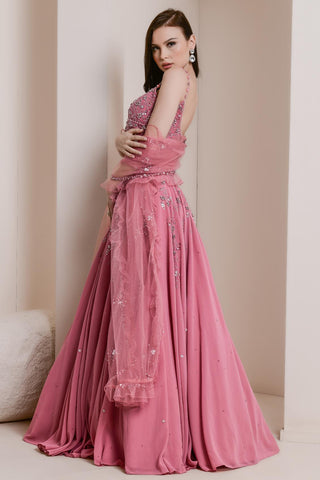 Pink floral embroidery lehenga set
