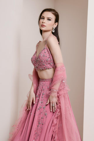 Pink floral embroidery lehenga set