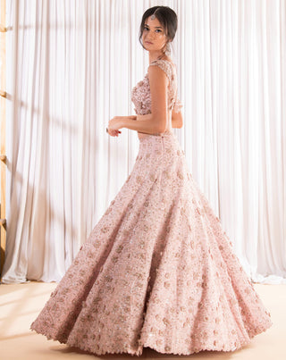 Pink 3D floral embellished lehenga set