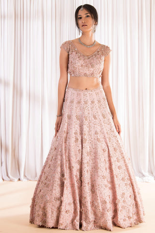 Pink 3D floral embellished lehenga set