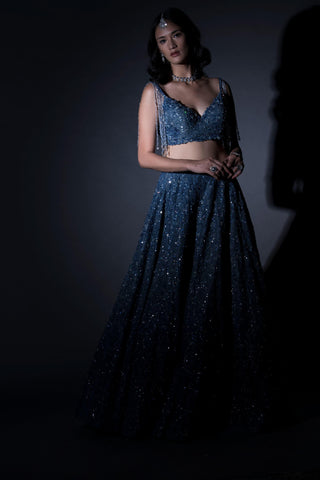 Blue crystal and katdana embellished lehenga set