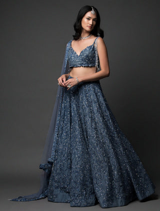 Blue crystal and katdana embellished lehenga set