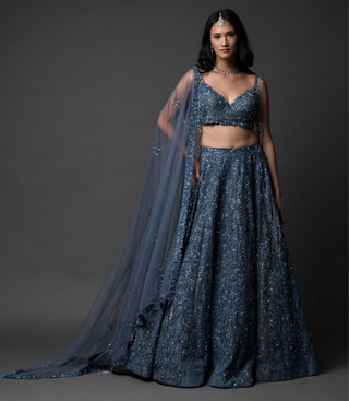 Blue crystal and katdana embellished lehenga set