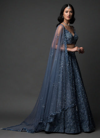 Blue crystal and katdana embellished lehenga set