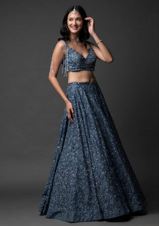 Blue crystal and katdana embellished lehenga set