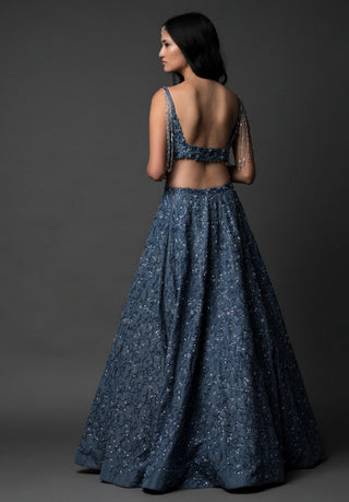 Blue crystal and katdana embellished lehenga set