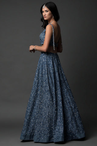 Blue crystal and katdana embellished lehenga set