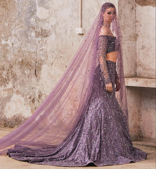 Purple blouse and mermaid skirt set with veil