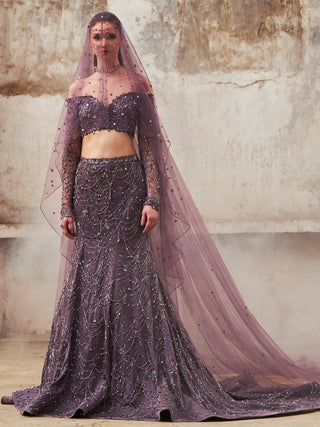Purple blouse and mermaid skirt set with veil