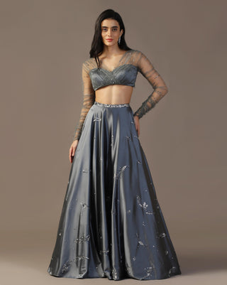 Gray satin lehenga set with gathered sleeves blouse
