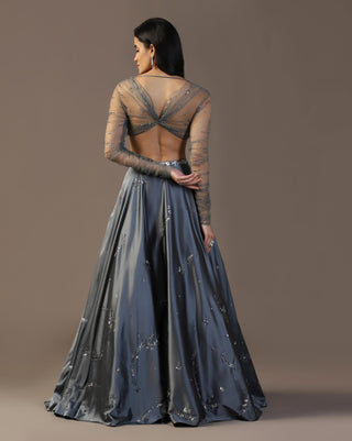 Gray satin lehenga set with gathered sleeves blouse