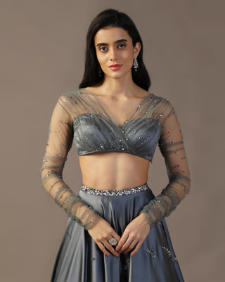 Gray satin lehenga set with gathered sleeves blouse
