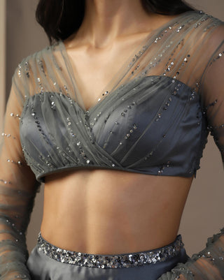 Gray satin lehenga set with gathered sleeves blouse
