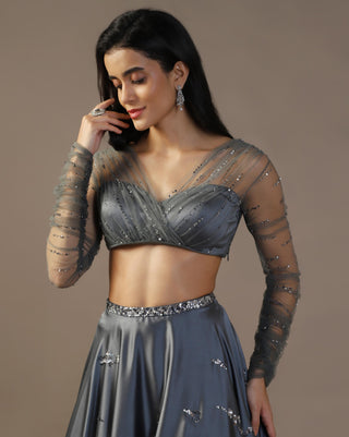 Gray satin lehenga set with gathered sleeves blouse