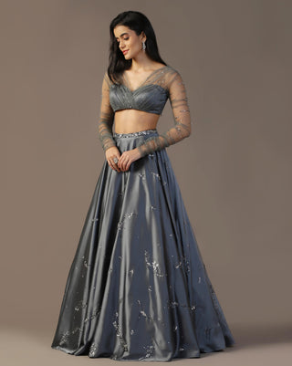 Gray satin lehenga set with gathered sleeves blouse