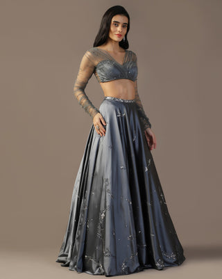 Gray satin lehenga set with gathered sleeves blouse