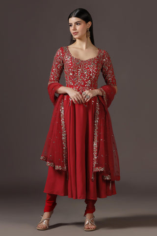 Anarkali Set for Festive – Red Georgette by Pooja Peshoria