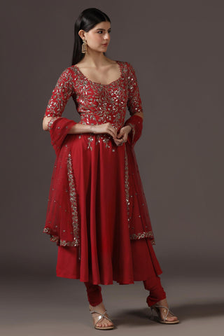 Anarkali Set for Festive – Red Georgette by Pooja Peshoria