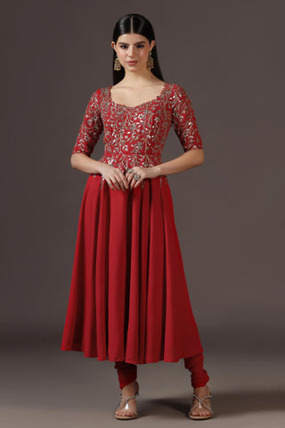 Anarkali Set for Festive – Red Georgette by Pooja Peshoria