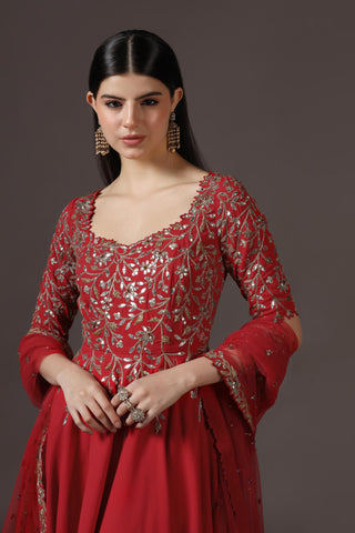 Anarkali Set for Festive – Red Georgette by Pooja Peshoria