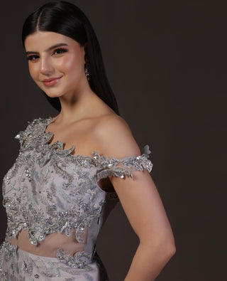 Gown for Cocktail/Sangeet – Blue Draped by Pooja Peshoria