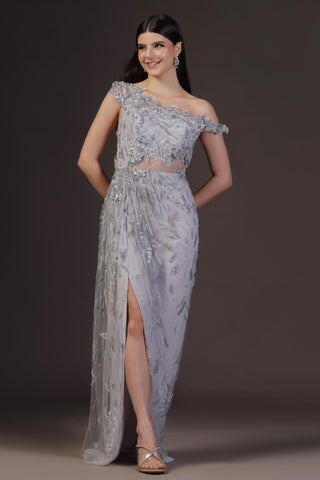 Gown for Cocktail/Sangeet – Blue Draped by Pooja Peshoria